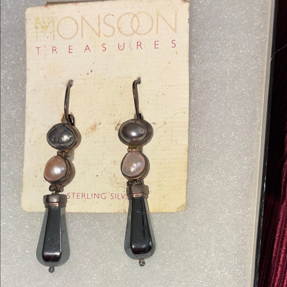 New Moonstone Treasures Gemstone Hematite Sterling Silver Pearl Earrings Jewelry
